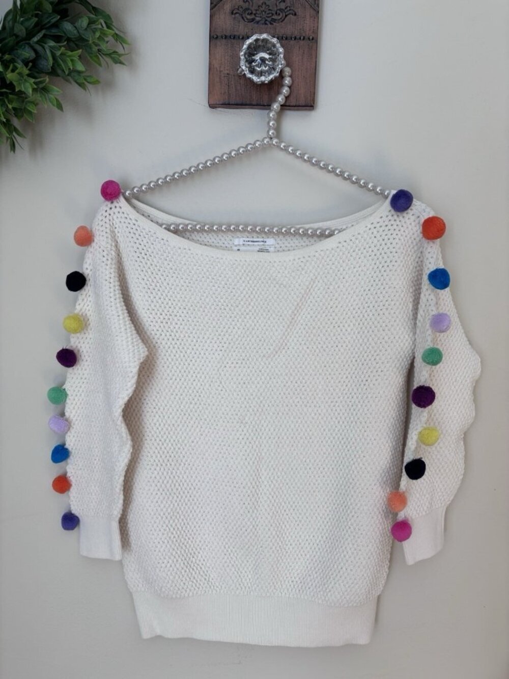 Anthropologie Womens Size XS Emilia Cream Sweater Multicolor Pom Pom Trim